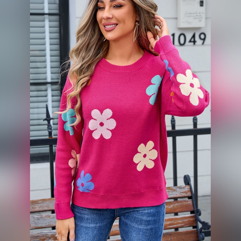 Angel Wings Flower Round Neck Long Sleeve Sweater
